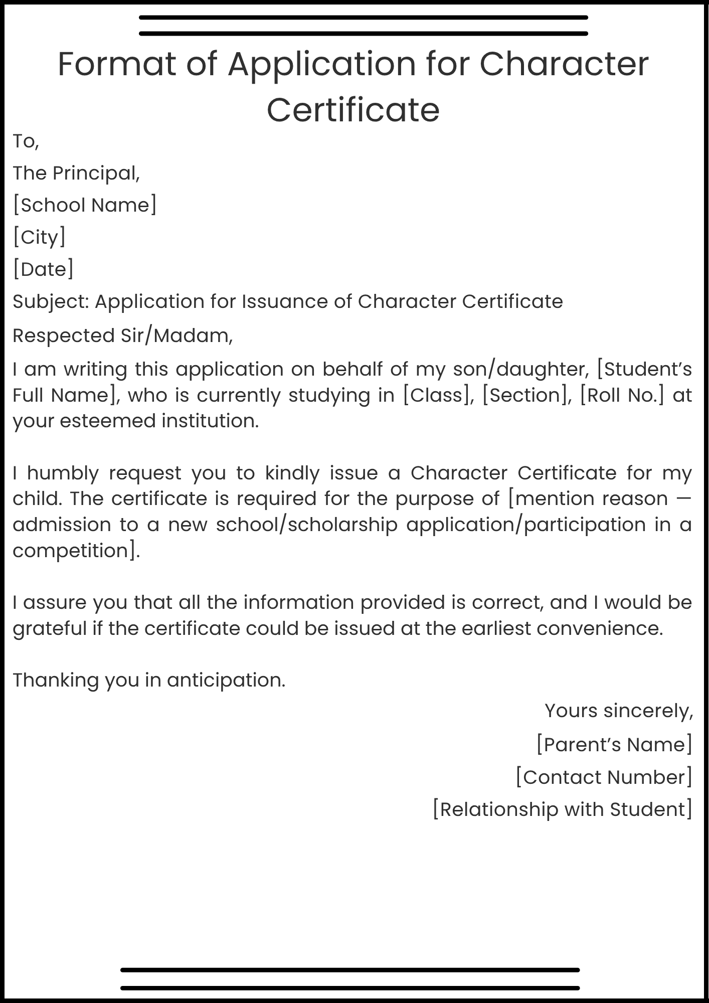 Format of Character Certificate Application for Class 3 to 8