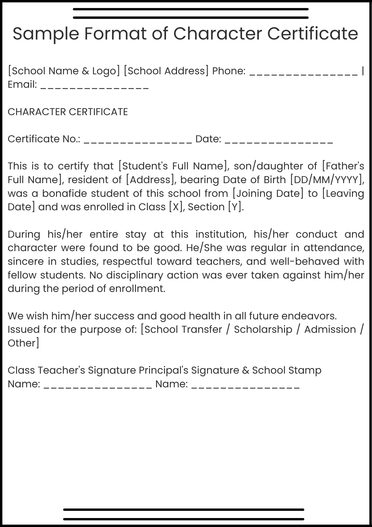Sample Format of Character Certificate