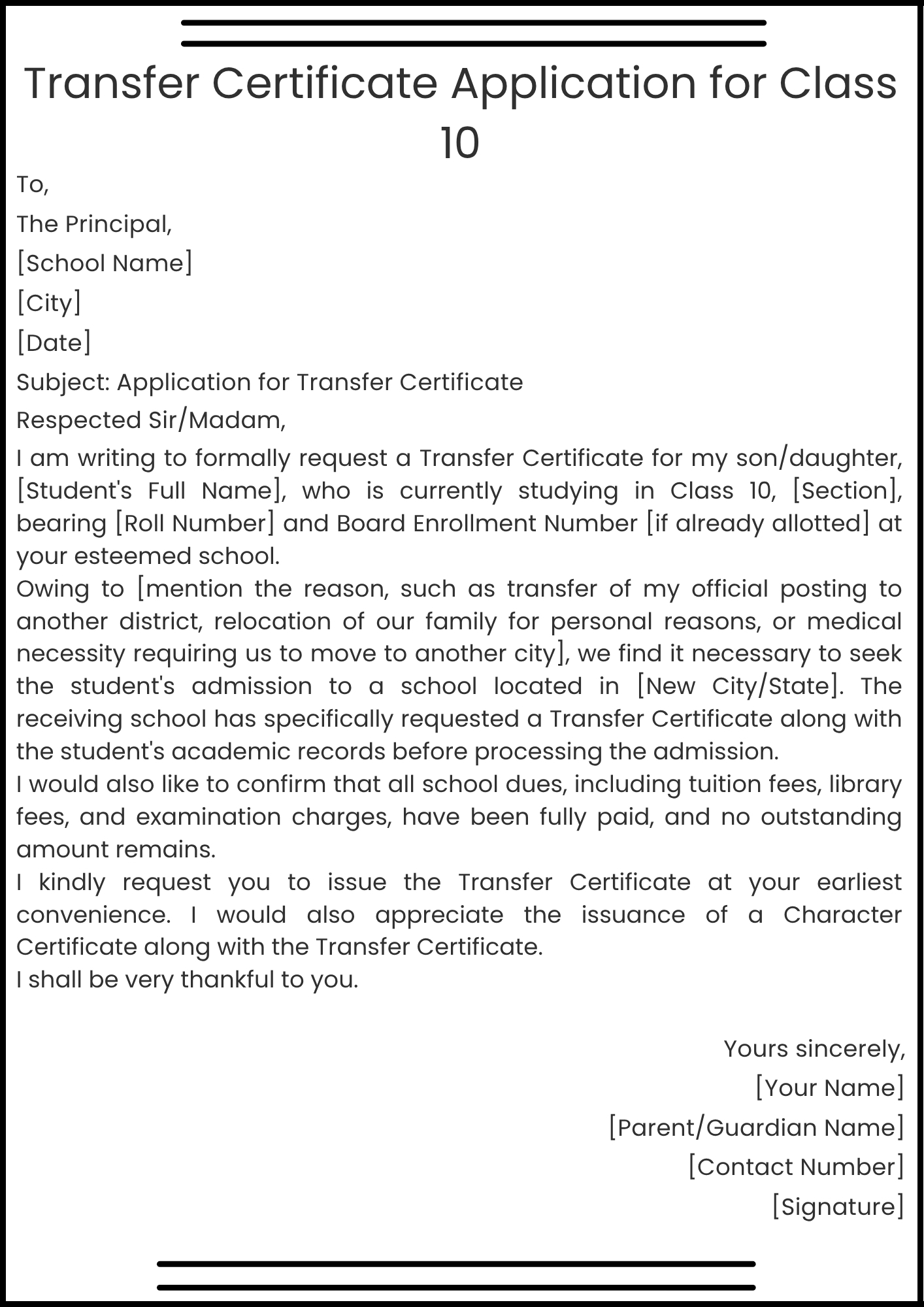 Transfer Certificate Application for Class 10