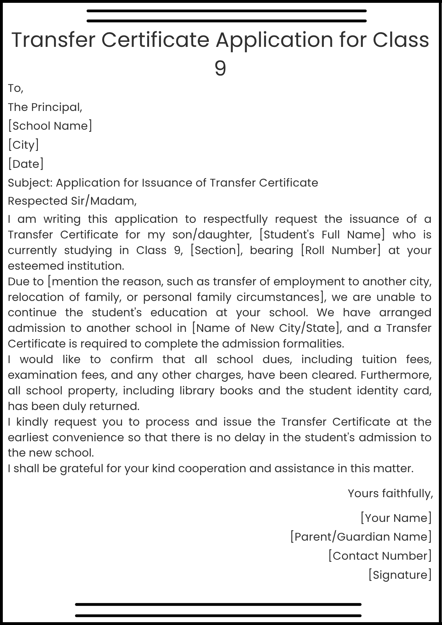 Transfer Certificate Application for Class 9
