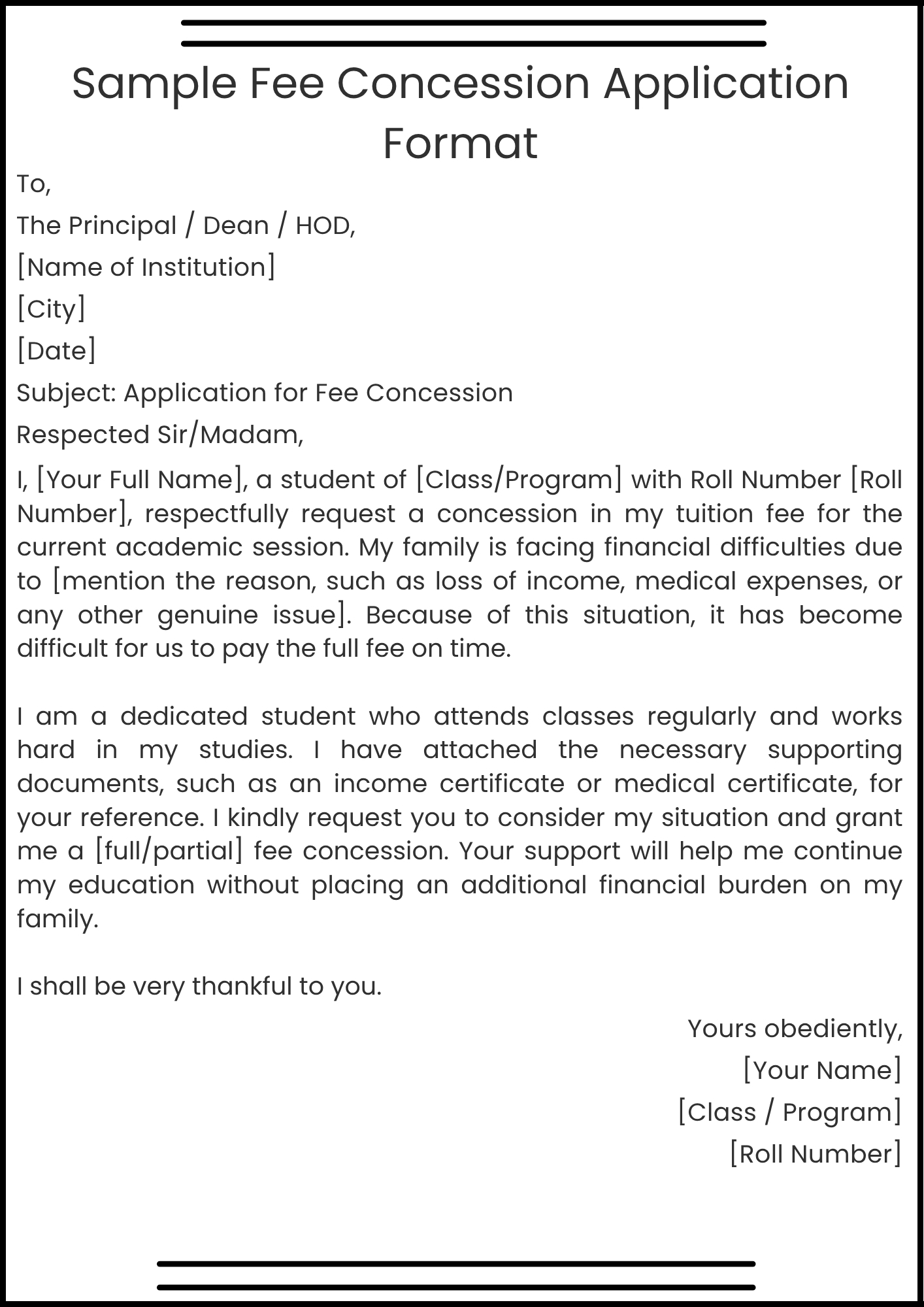 Sample Fee Concession Application Format