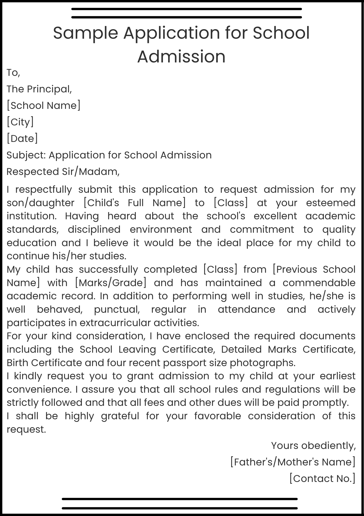 Sample Application for School Admission