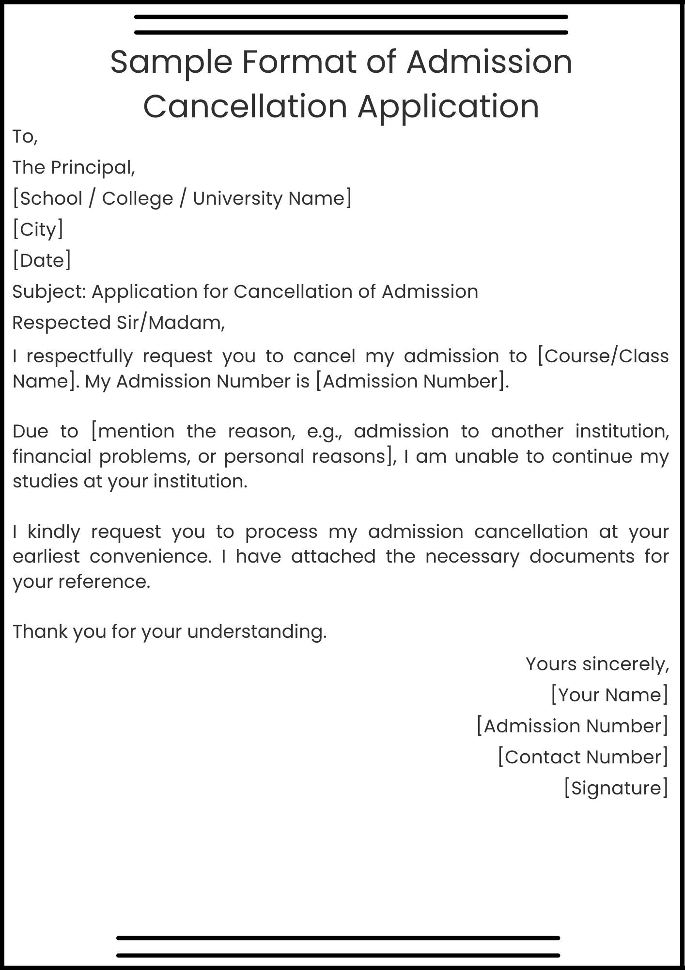 Sample Format of Admission Cancellation Application