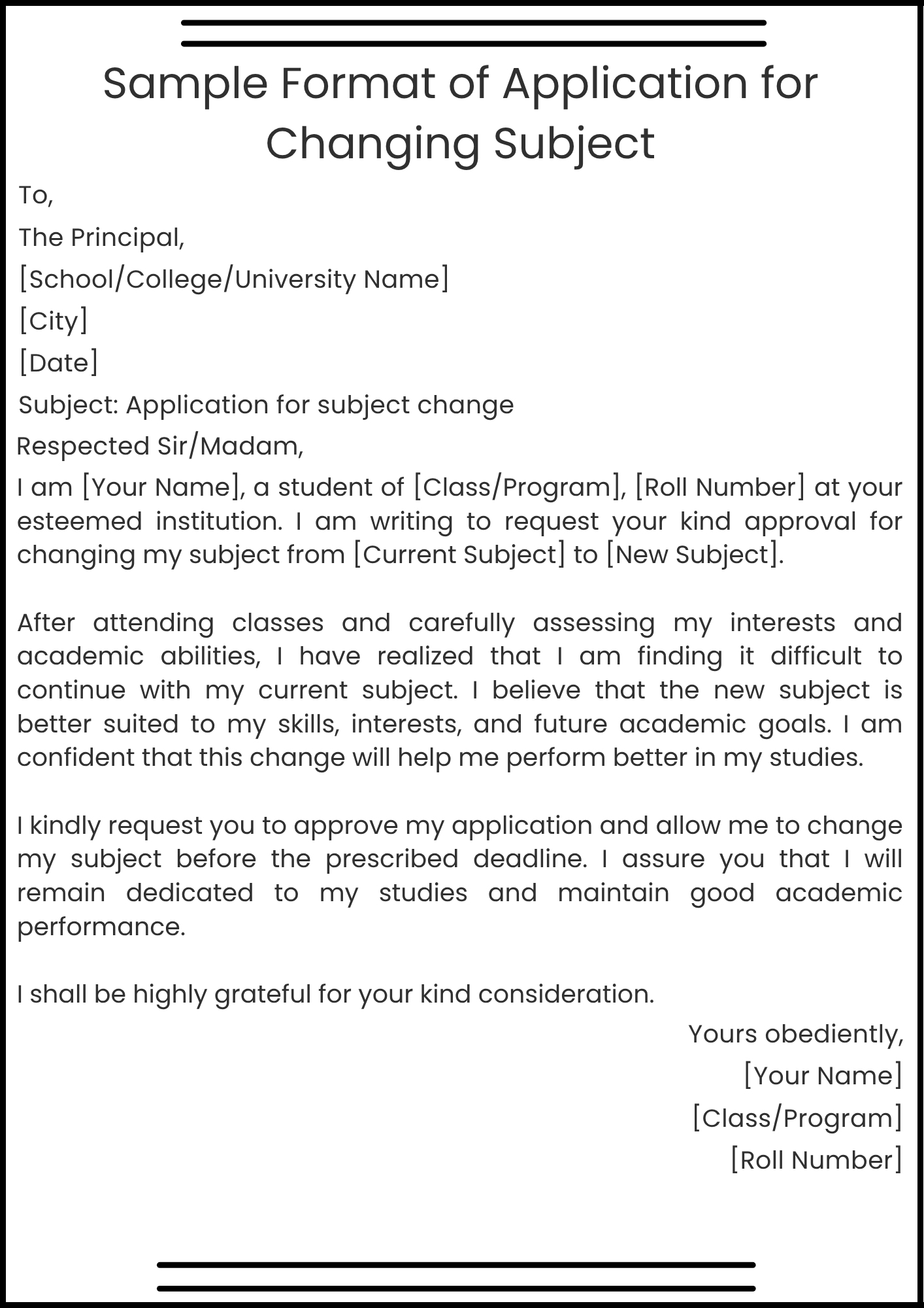 Sample Format of Application for Changing Subject