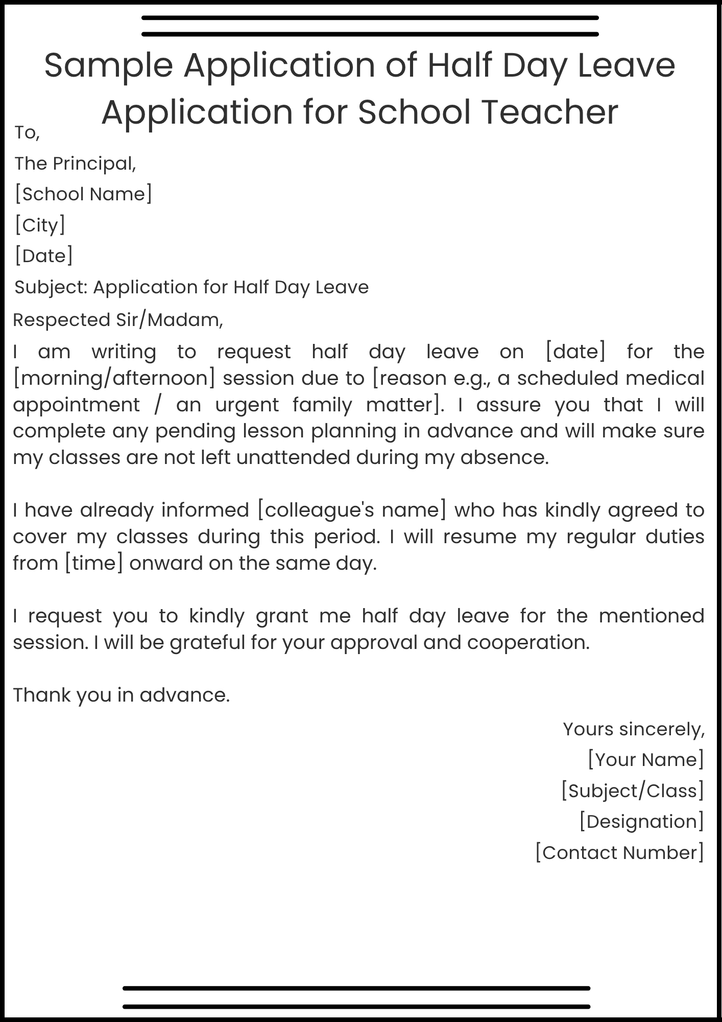 Sample Application of Half Day Leave Application for School Teacher
