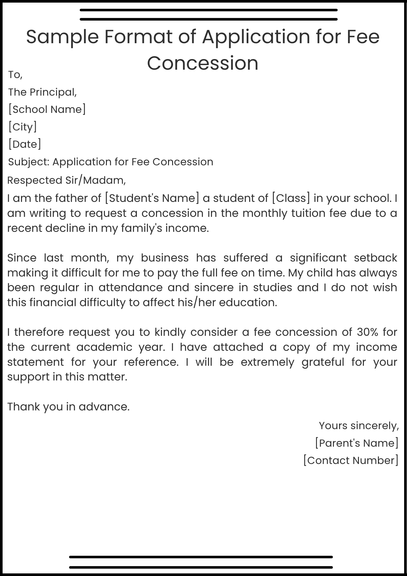 Sample Format of Application for Fee Concession