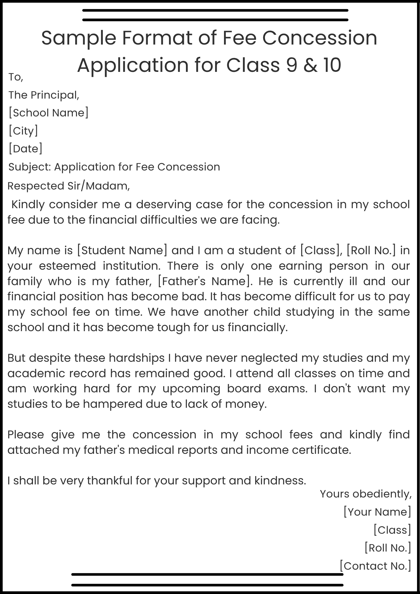 Sample Format of Fee Concession Application  for Class 9 & 10
