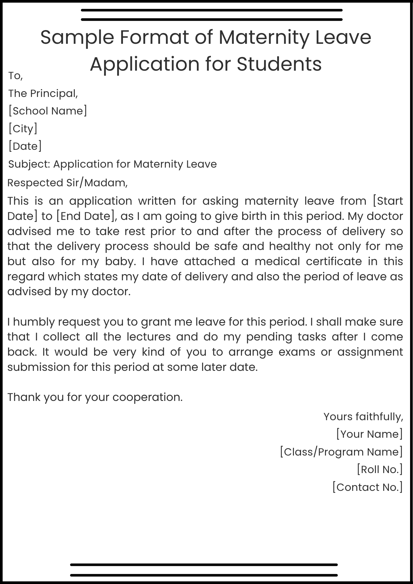 Sample Format of Maternity Leave Application for Students