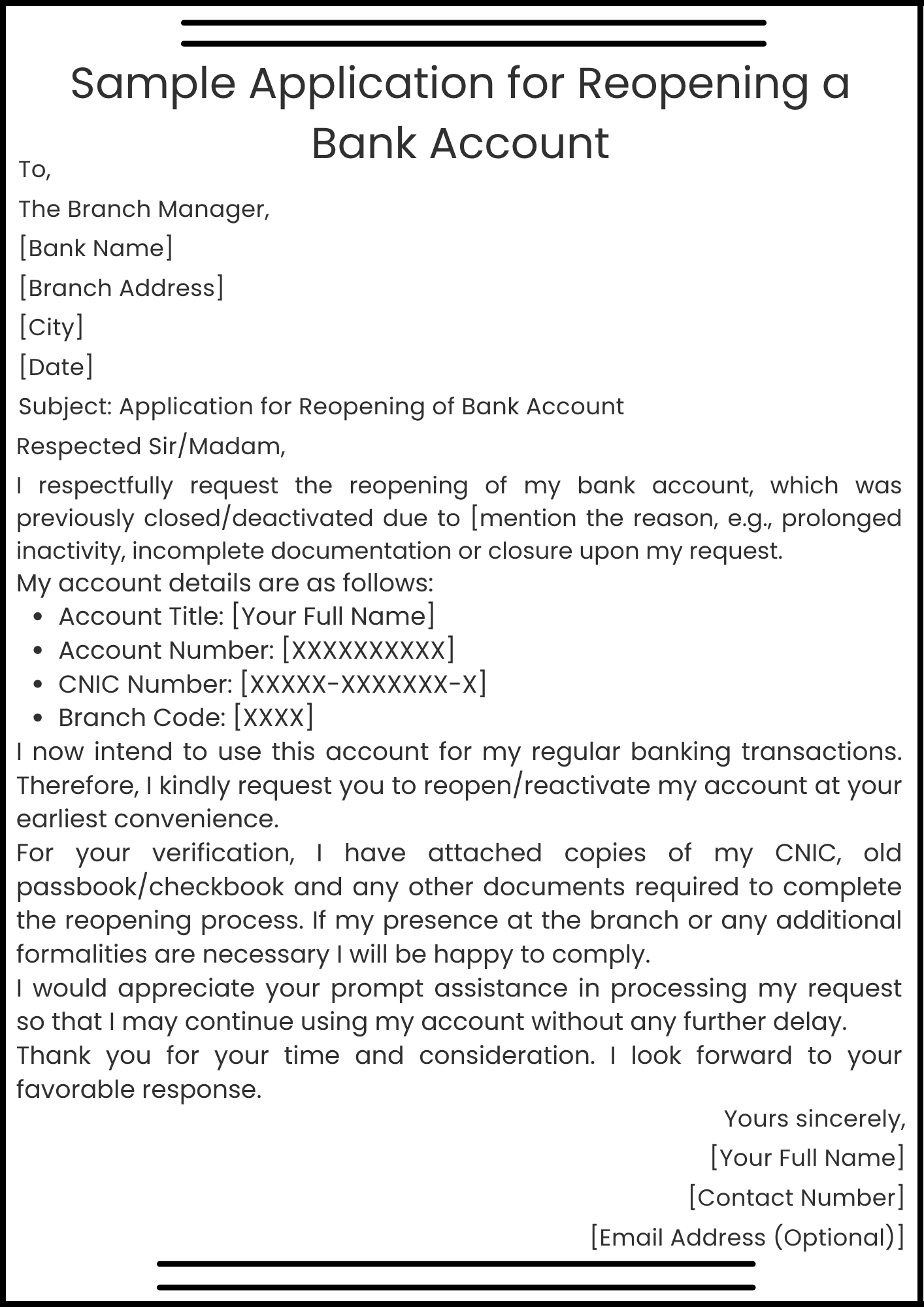 Sample Application for Reopening a Bank Account