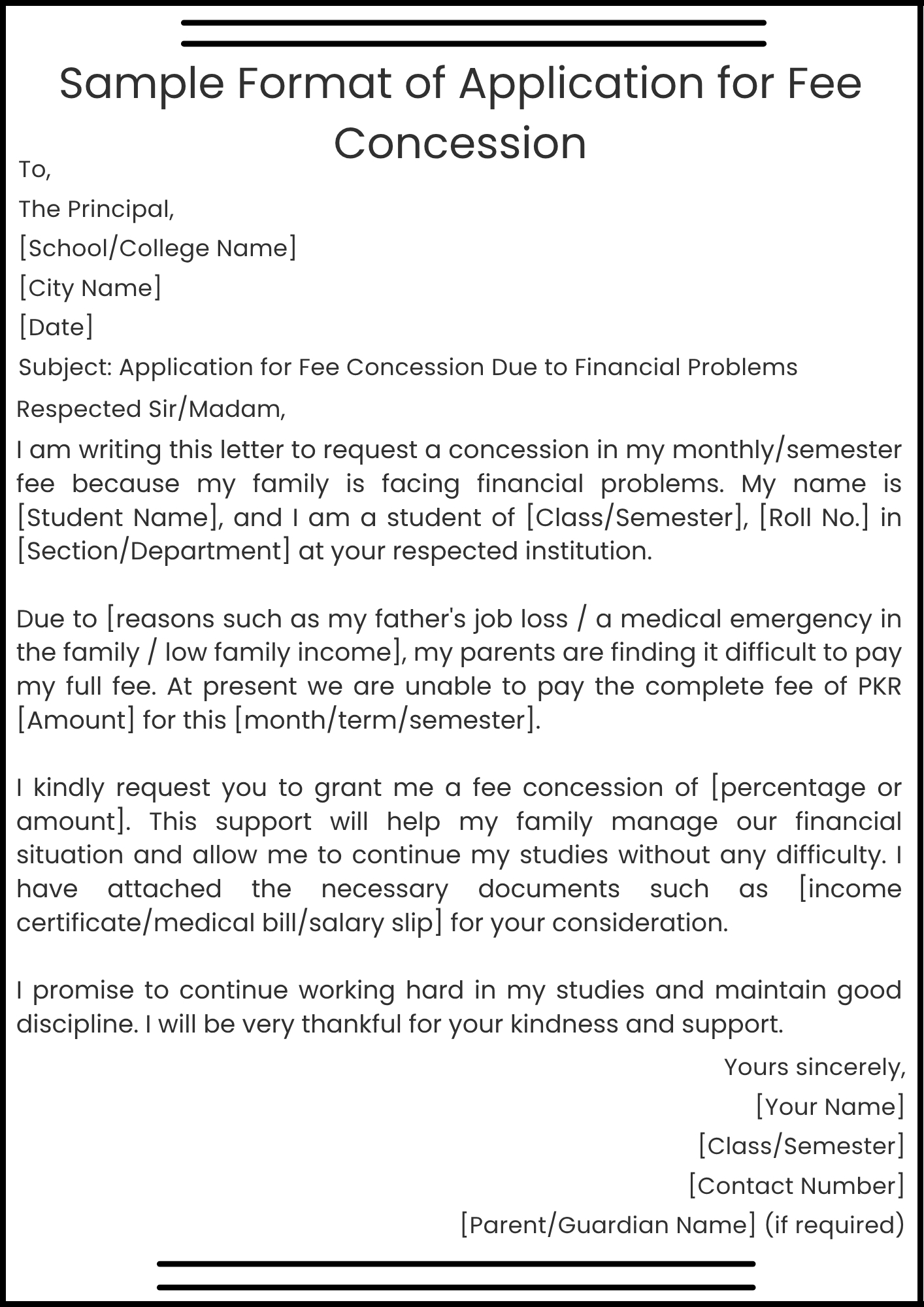Sample Format of Application for Fee Concession